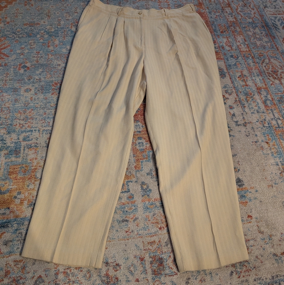 Vintage 90s Womens XL? Pleated Front Subtle Stripe Dress Pants Creamy Yellow 192